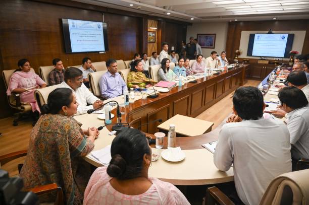 GURUGRAM, INDIA - OCTOBER 22:  Haryana Minister of Health, AYUSH, and Medical Education Arti Singh Rao during a meeting with officials and doctors along with Deputy Commissioner Nishant Kumar Yadav, CMO Virender Yadav and Pataudi MLA Bimla Chaudhary about the Medical Services in Civil Hospital at Rest house near Rajiv chowk on October 22, 2024 in Gurugram, India. (Photo by Parveen Kumar/Hindustan Times via Getty Images)