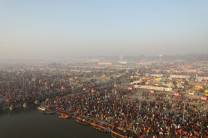 Crowds gather at the Mahakumbh Festival in Prayagraj, capturing the essence of cultural spirituality.
